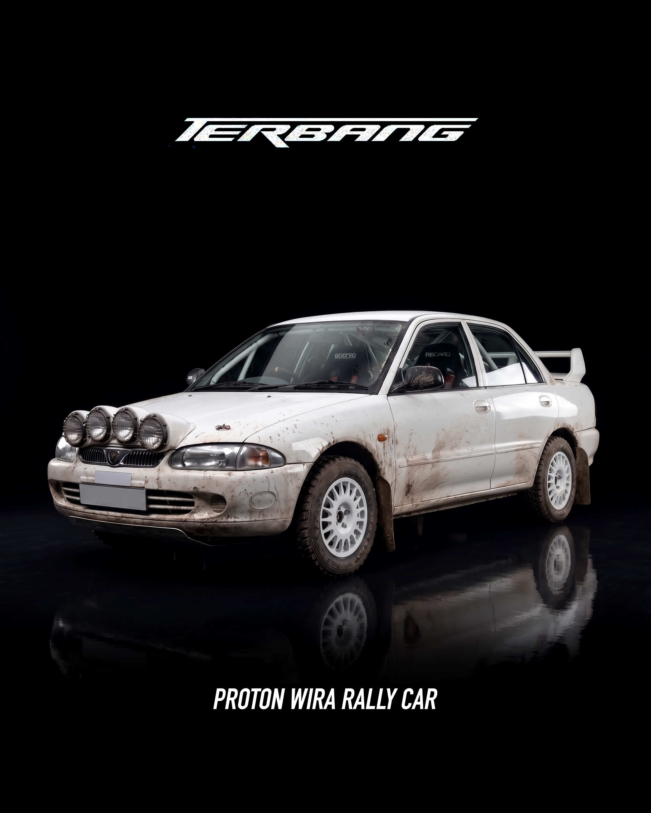 Proton Wira Rally Car putih dengan lampu spotlight rali filem Terbang