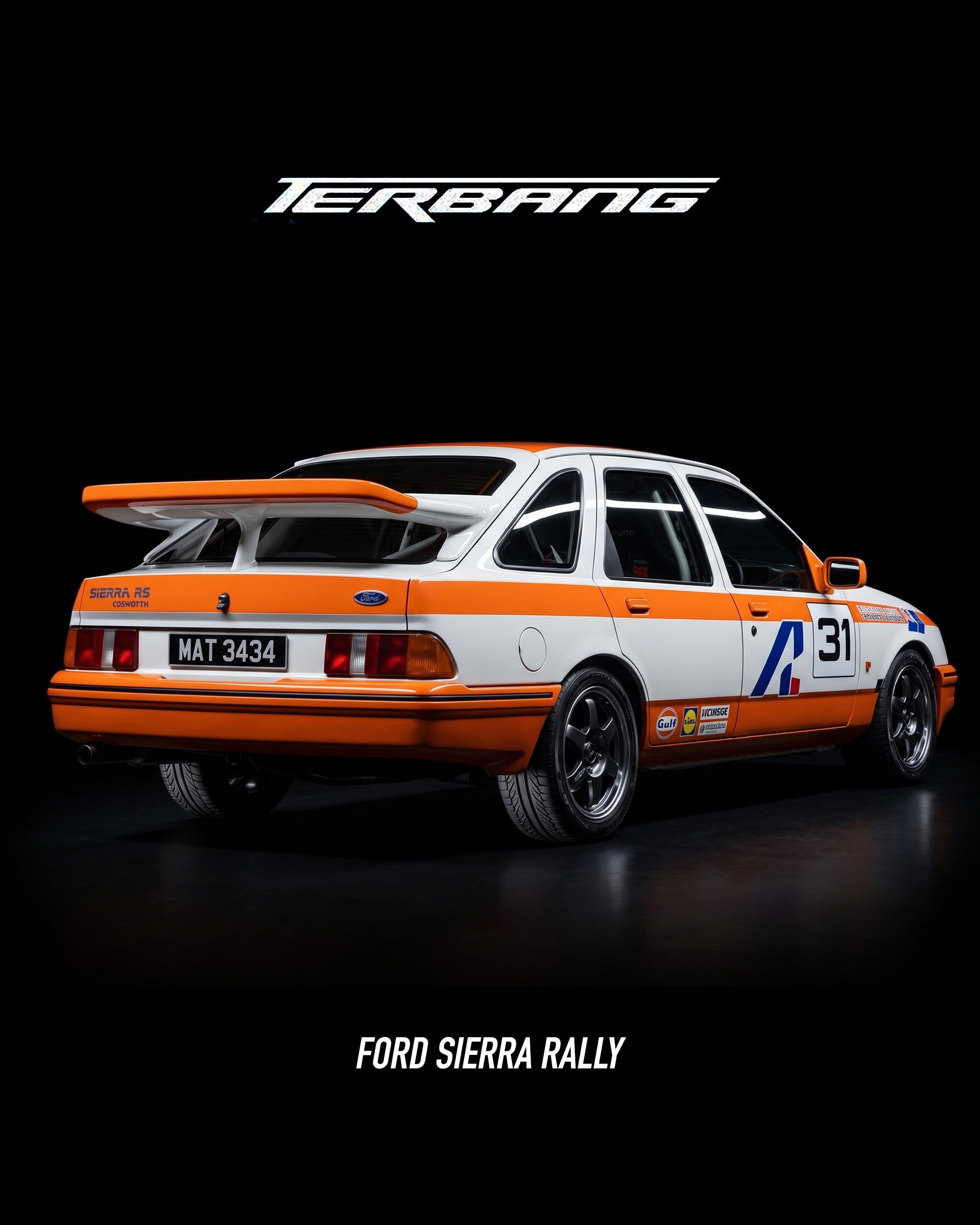 Ford Sierra RS Cosworth Rally putih dan oren nombor 31 filem Terbang