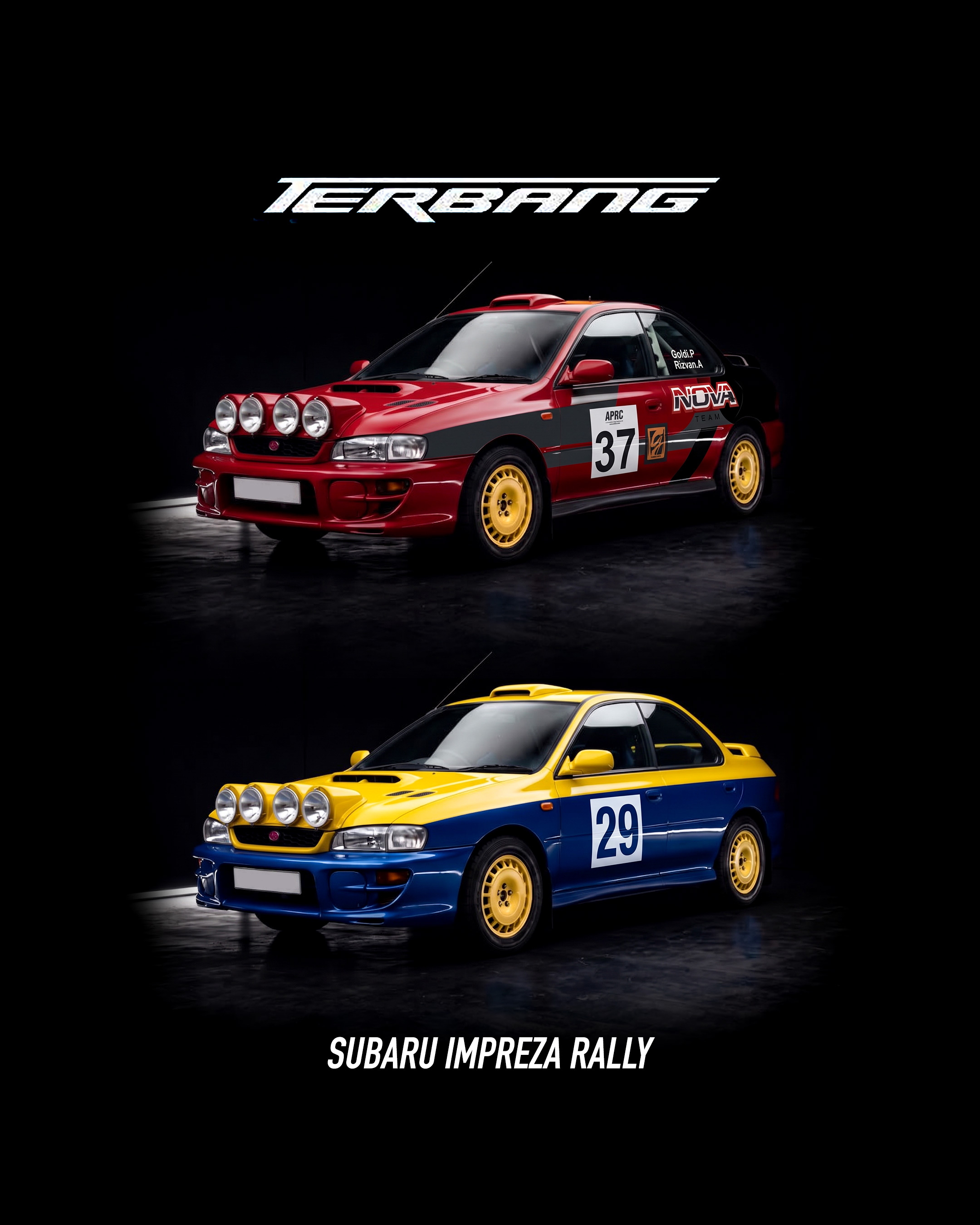 Dua jentera Subaru Impreza Rally merah dan biru filem Terbang