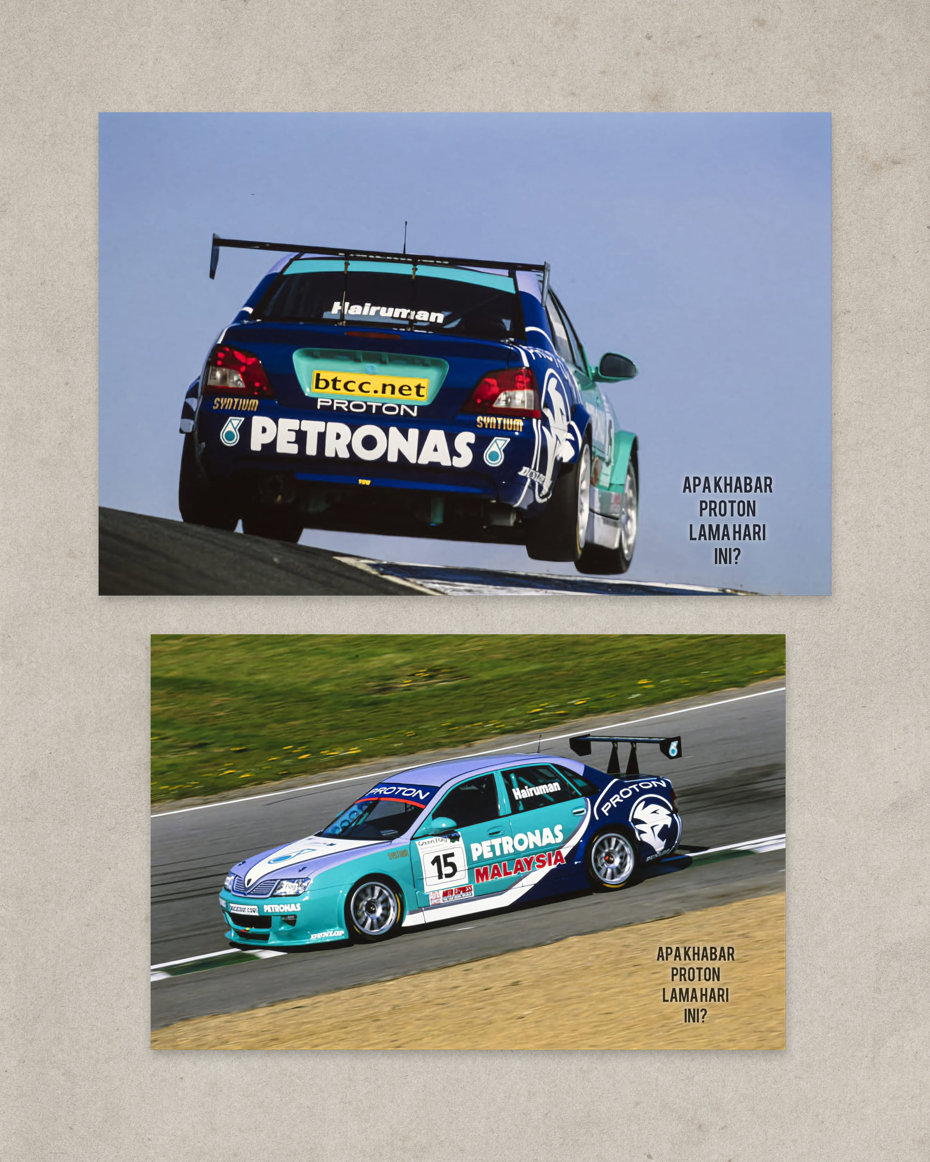 Fariqe Hairuman driving Proton Impian Waja BTCC catching air on British Touring Car Championship circuit