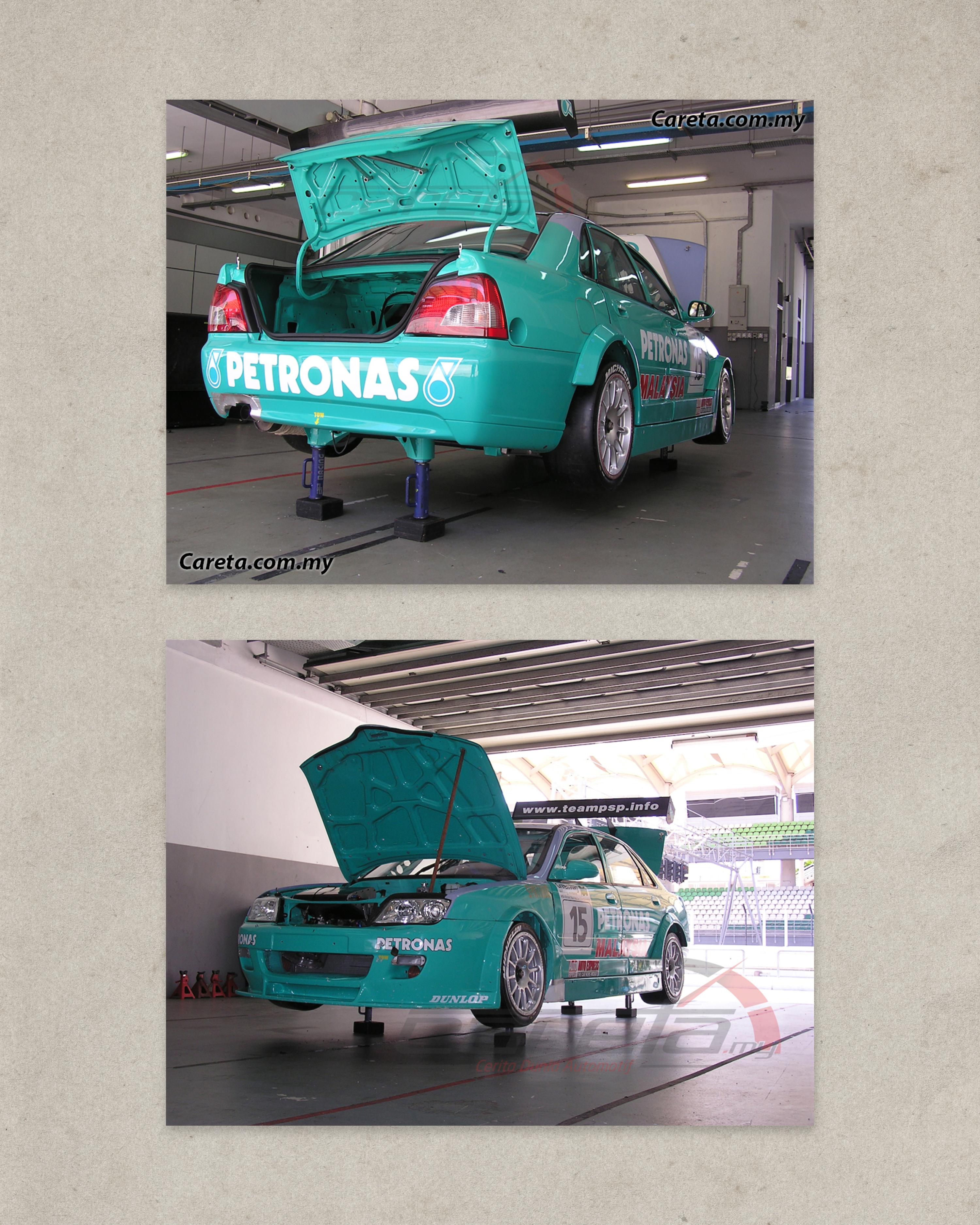 Team Petronas Syntium Proton Waja BTCC on air jacks in pit garage at Sepang Circuit