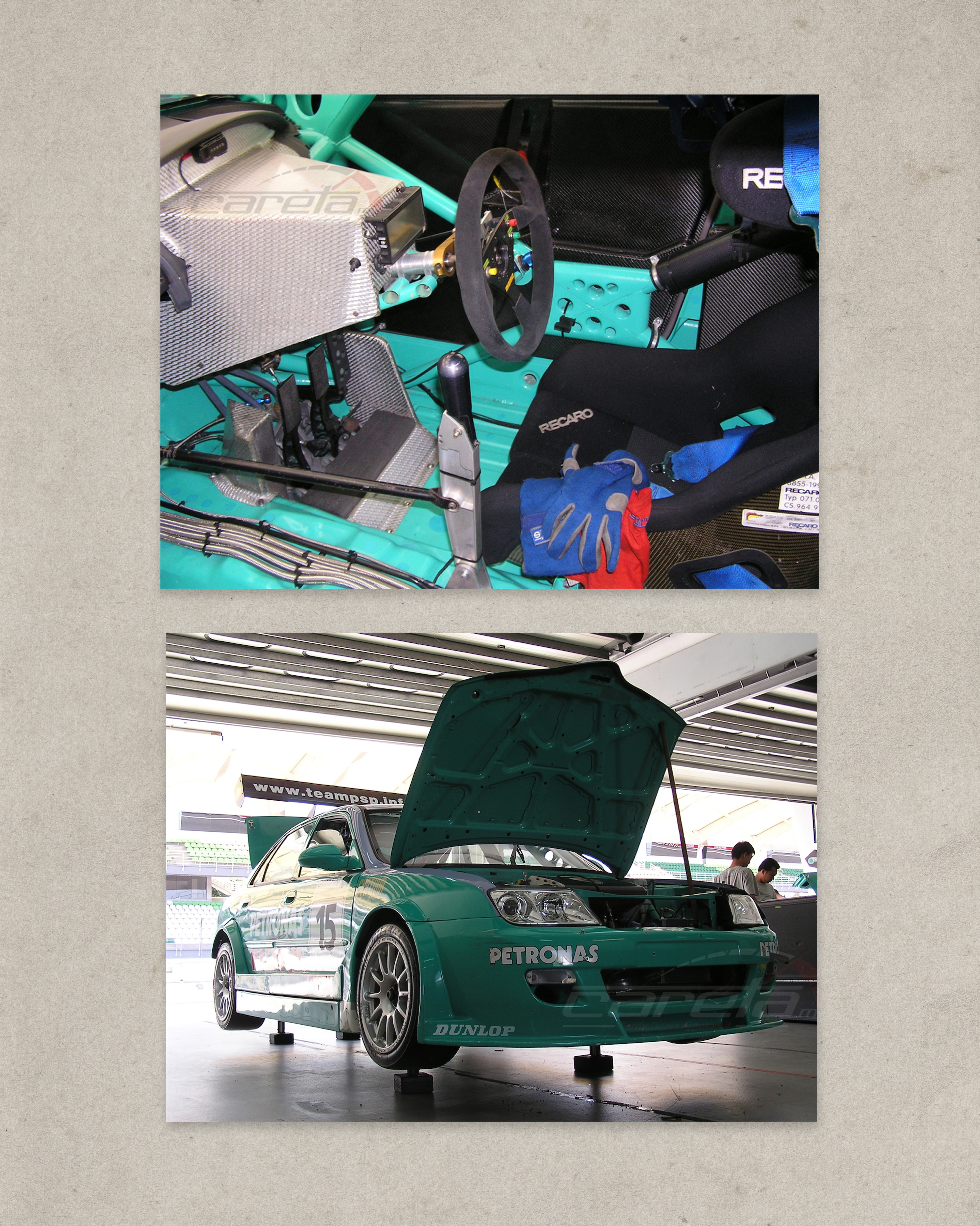 Proton Waja Impian BTCC race cockpit with Recaro seat, sequential shifter, roll cage, and front pit garage view at Sepang Circuit.